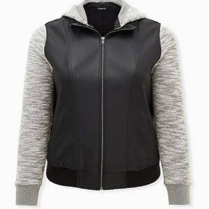Black Faux Leather & Marled Grey Terry Bomber Jacket